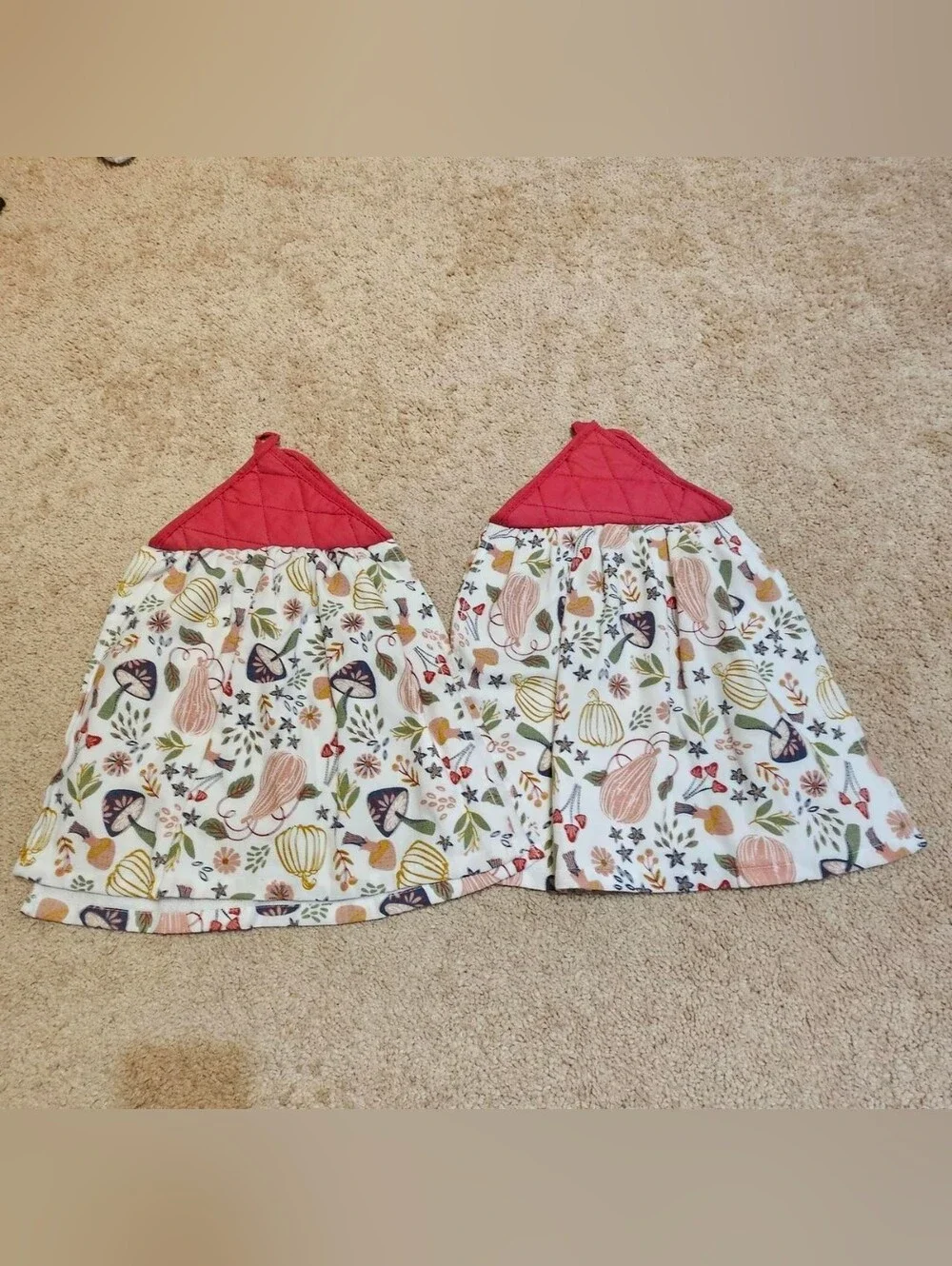 2 Handcrafted Potholders Attached To Towels | Red + White | Mushrooms + Gourds